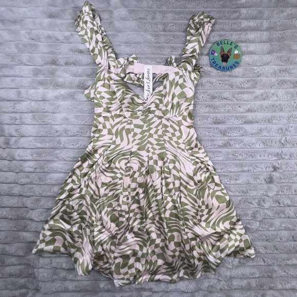 For Love & Lemons Dress Women's Small Green Mini Bow Straps Boned FIt & Flare‎
